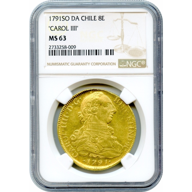 World Gold - 1791SO DA Chile 8 Escudos NGC MS63 