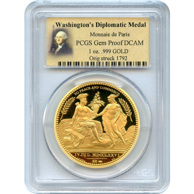 Medal - 1776-dated U.S. Washington Diplomatic Modern Gold 1oz Restrike PCGS GEM Proof DCAM
