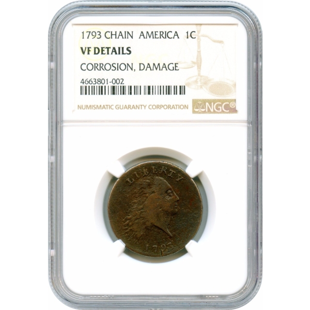 1793 1C Flowing Hair Large Cent, Chain AMERICA NGC VF Details