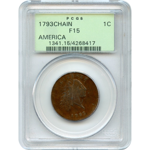 1793 1C Flowing Hair Chain Cent AMERICA PCGS F15BN