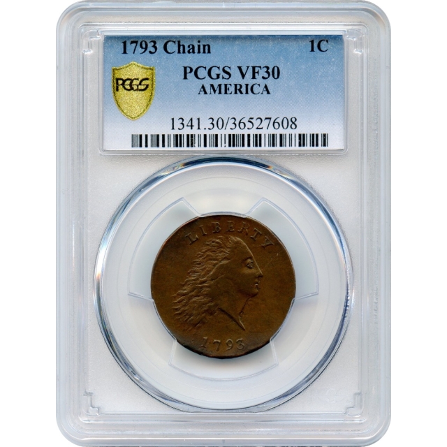 1793 1C Flowing Hair Large Cent, Chain AMERICA PCGS VF30BN