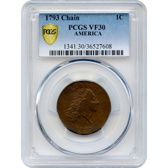 1793 1C Flowing Hair Large Cent, Chain AMERICA PCGS VF30BN