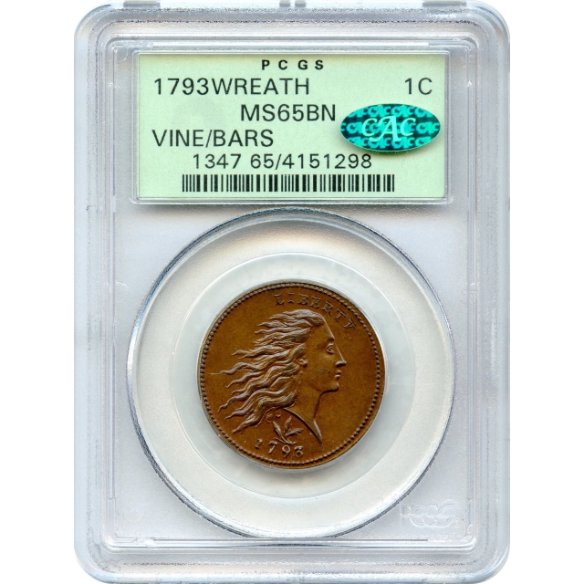 1793 1C Flowing Hair Wreath Cent, Vine and Bars (S-8) PCGS MS65BN (CAC)