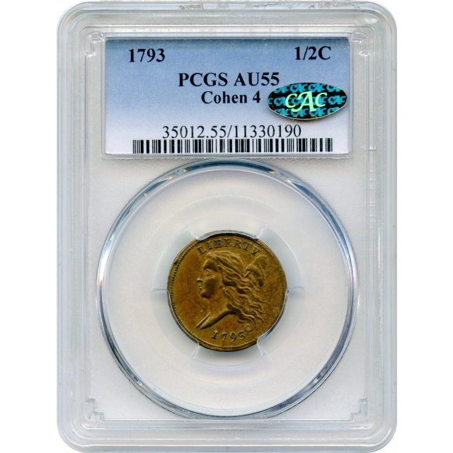 1793 1/2C Half Cent Liberty Cap, C-4 PCGS AU55BN (CAC Gold)