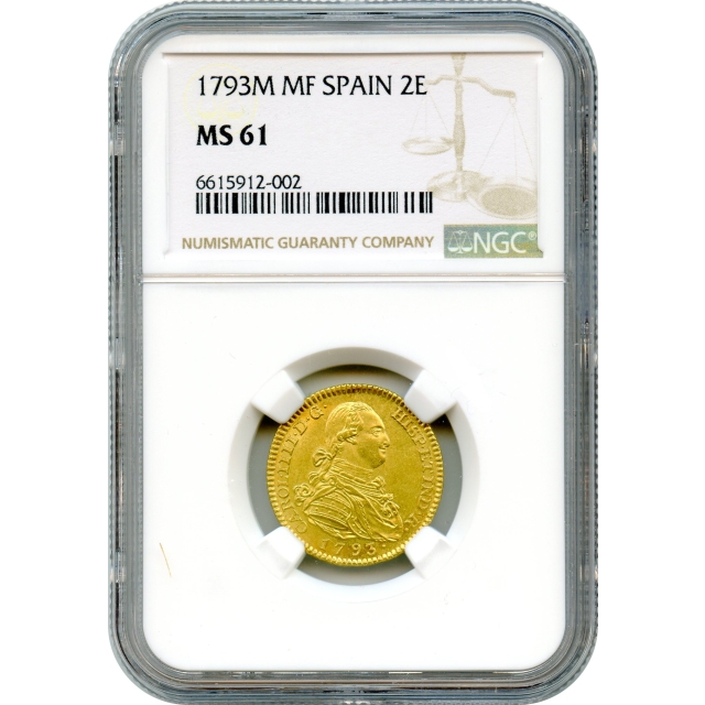 World Gold - 1793M 2 Escudos Spain, MF NGC MS61