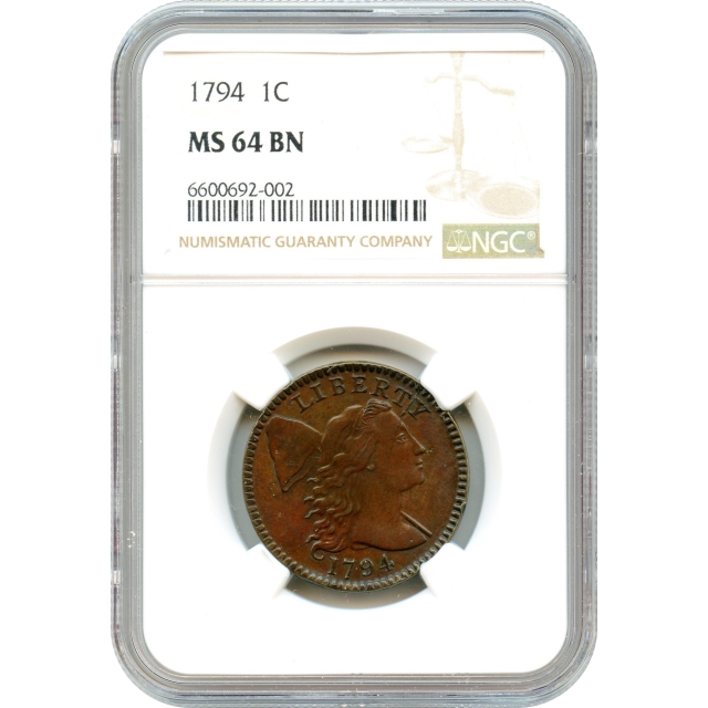 1794 1C Large Cent Head of 1795, S-70 Denticled Border NGC MS64