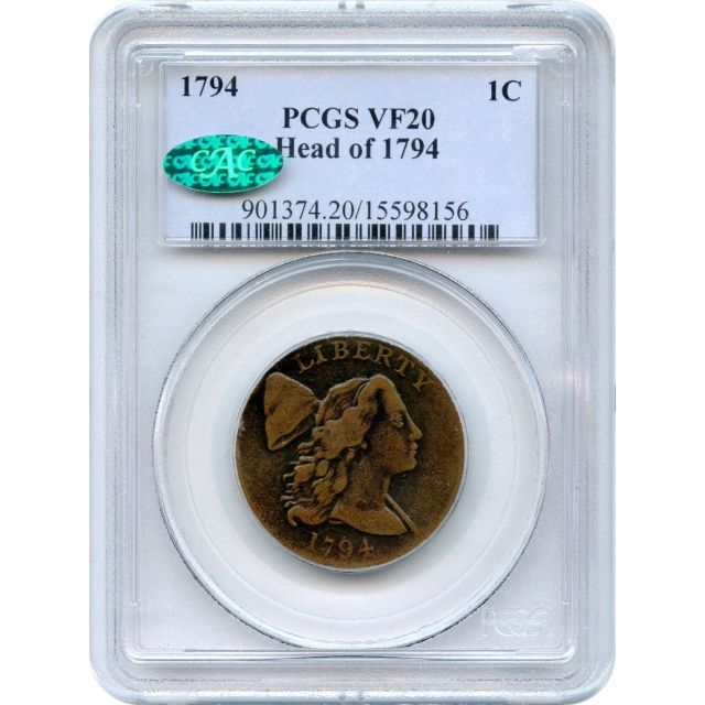 1794 1C Liberty Cap Large Cent, Head of 1794, Denticled Border (S-22) PCGS VF20BN (CAC)
