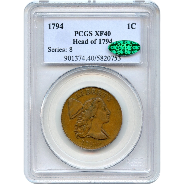 1794 1C Large Cent Head of 1794, S-22 Mounded Reverse PCGS XF40BN (CAC)