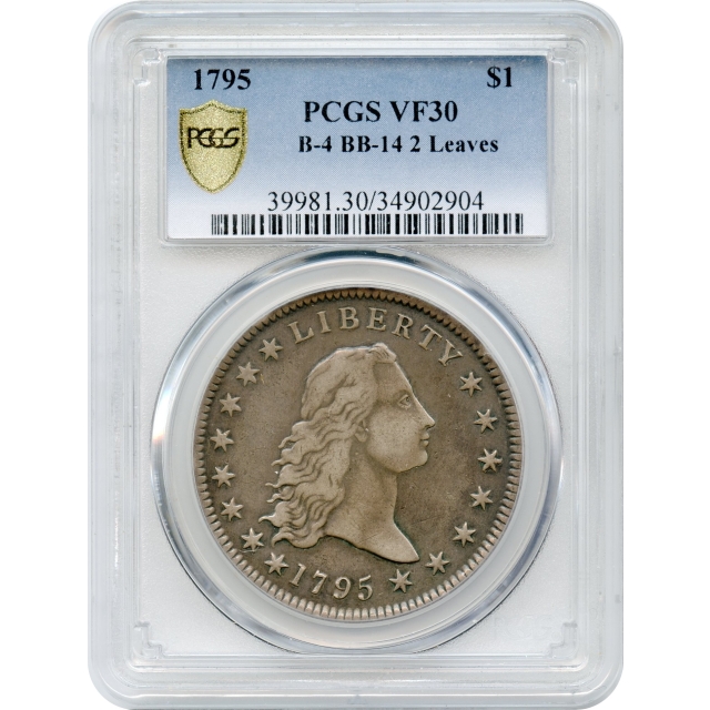 1795 $1 Flowing Hair Silver Dollar, 2 Leaves BB-14 PCGS VF30