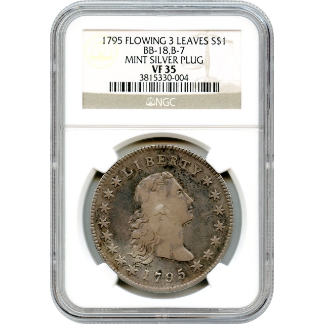 1795 $1 Flowing Hair Silver Dollar, Silver Plug, BB-18 NGC VF35