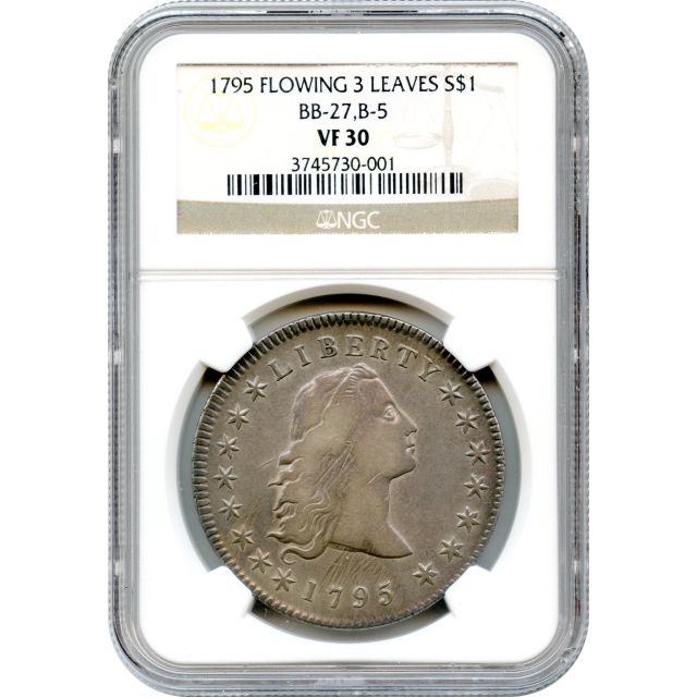 1795 $1 Flowing Hair Silver Dollar, 3 Leaves, BB-27 NGC VF30