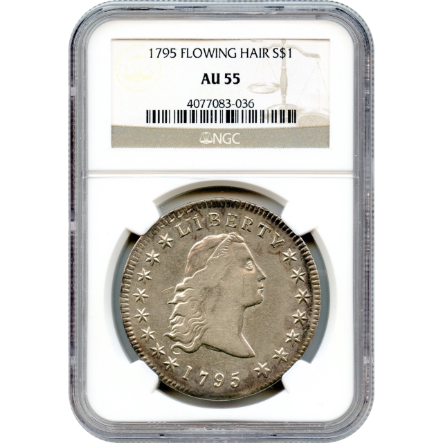 1795 $1 Flowing Hair Silver Dollar, BB-27 3 Leaves NGC AU55