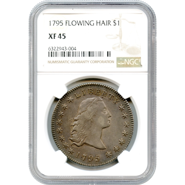 1795 $1 Flowing Hair Silver Dollar, 3 Leaves NGC XF45