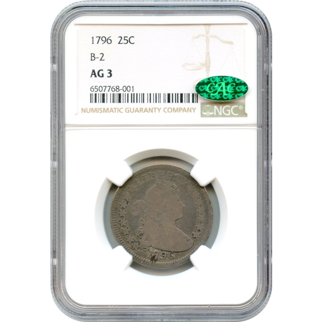 1796 25C Draped Bust Quarter Dollar, Small Eagle NGC AG3 (CAC)