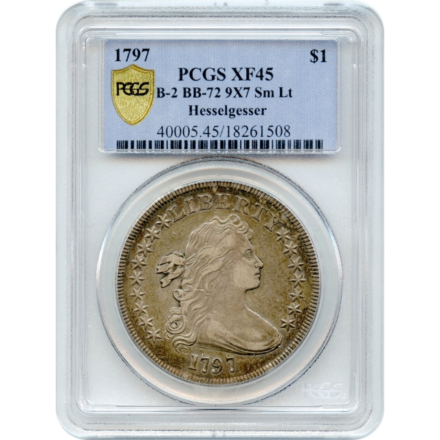 1797 $1 Draped Bust Silver Dollar, 9x7 Stars Small Date Small Letters BB-72 PCGS XF45