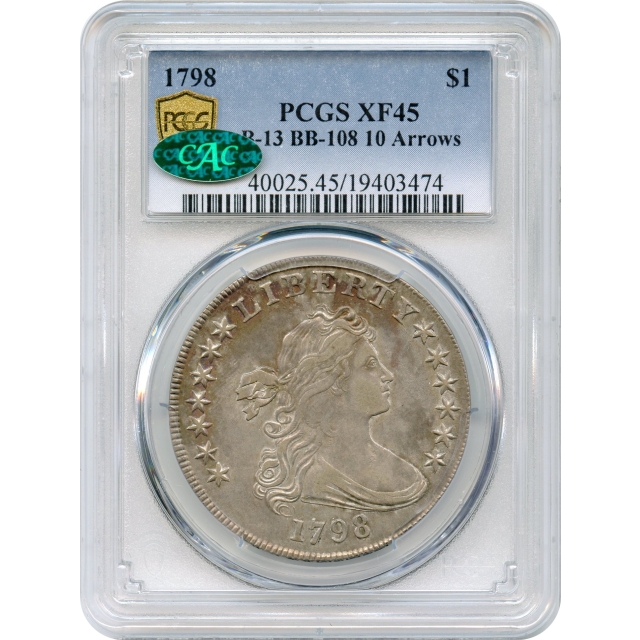1798 $1 Draped Bust Silver Dollar, Large Eagle, Pointed 9, 4 Vertical Lines BB-108 PCGS XF45 (CAC)
