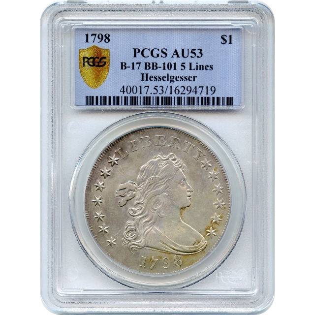 1798 $1 Draped Bust Silver Dollar, BB-101 Pointed 9, 5 Vertical Lines PCGS AU53