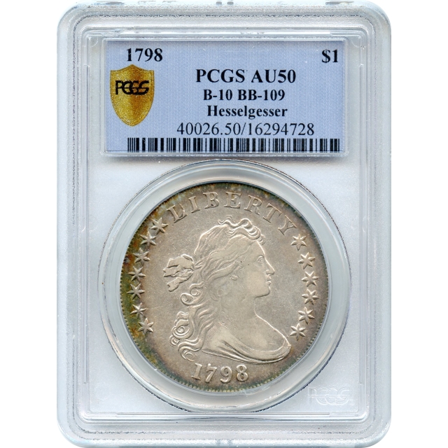 1798 $1 Draped Bust Silver Dollar, BB-109 Pointed 9, 4 Vertical Lines PCGS AU50