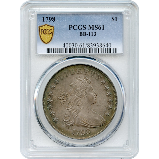 1798 $1 Draped Bust Silver Dollar, BB-113 Pointed 9, 4 Vertical Lines PCGS MS61