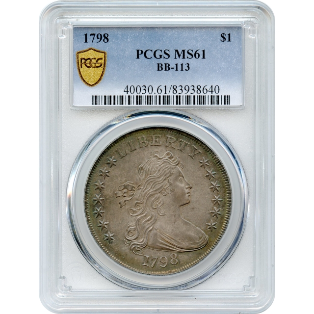 1798 $1 Draped Bust Silver Dollar, BB-113 Pointed 9, 4 Vertical Lines PCGS MS61