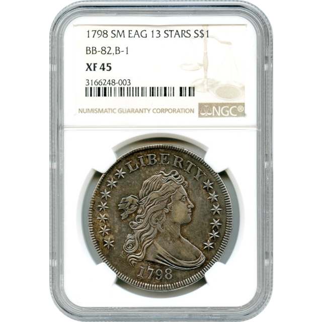 1798 $1 Draped Bust Silver Dollar, Small Eagle 13 Stars, BB-82 NGC XF45