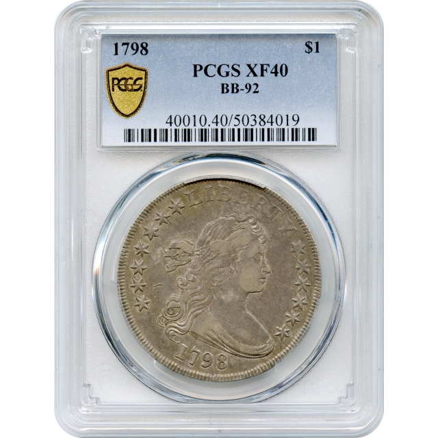 1798 $1 Draped Bust Silver Dollar, Knob 9, 5 Vertical Lines BB-92 PCGS XF40