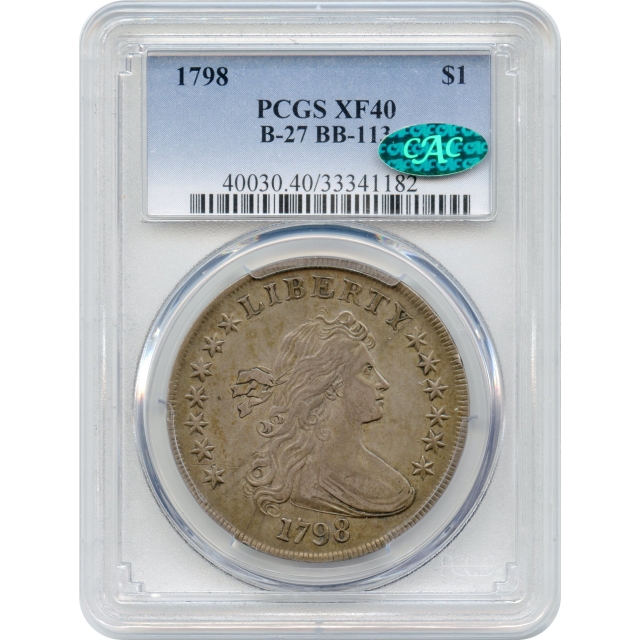 1798 $1 Draped Bust Silver Dollar, Pointed 9, 4 Vertical Lines BB-113 PCGS XF40 (CAC)