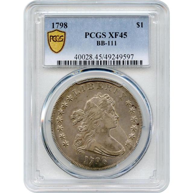 1798 $1 Draped Bust Silver Dollar, BB-111 Pointed 9, 4 Vertical Lines PCGS XF45