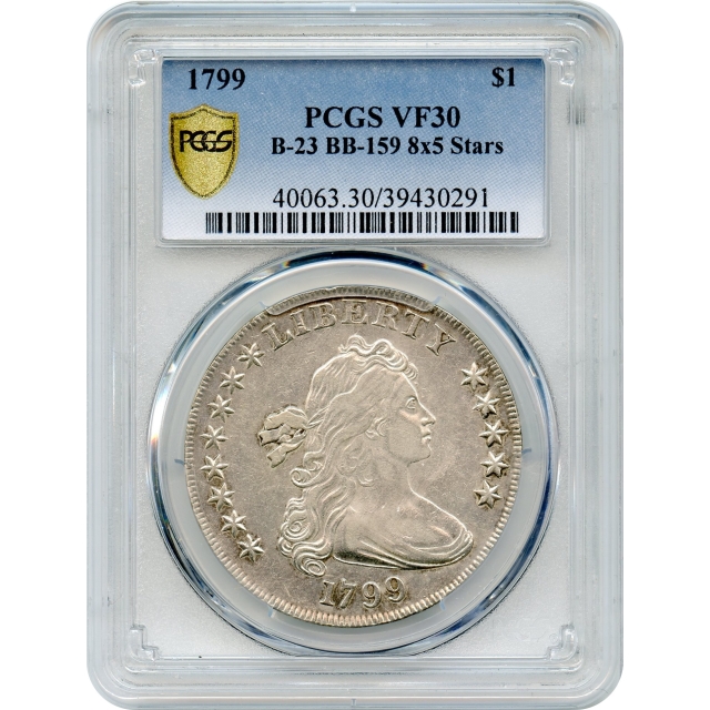 1799 $1 Draped Bust Silver Dollar, 8x5 Stars BB-159 PCGS VF30
