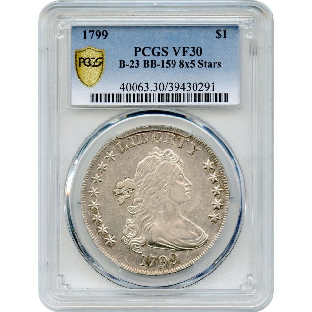 1799 $1 Draped Bust Silver Dollar, 8x5 Stars BB-159 PCGS VF30
