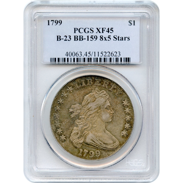 1799 $1 Draped Bust Silver Dollar, 8x5 Stars BB-159 PCGS XF45