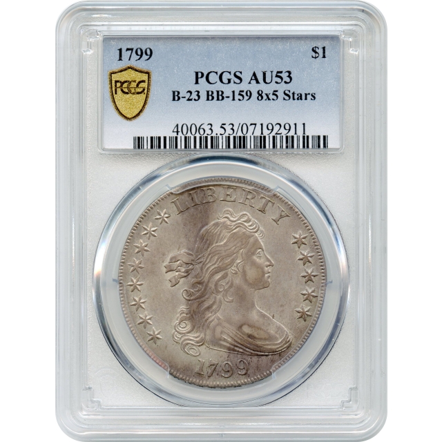 1799 $1 Draped Bust Silver Dollar, 8x5 Stars BB-159 PCGS AU53