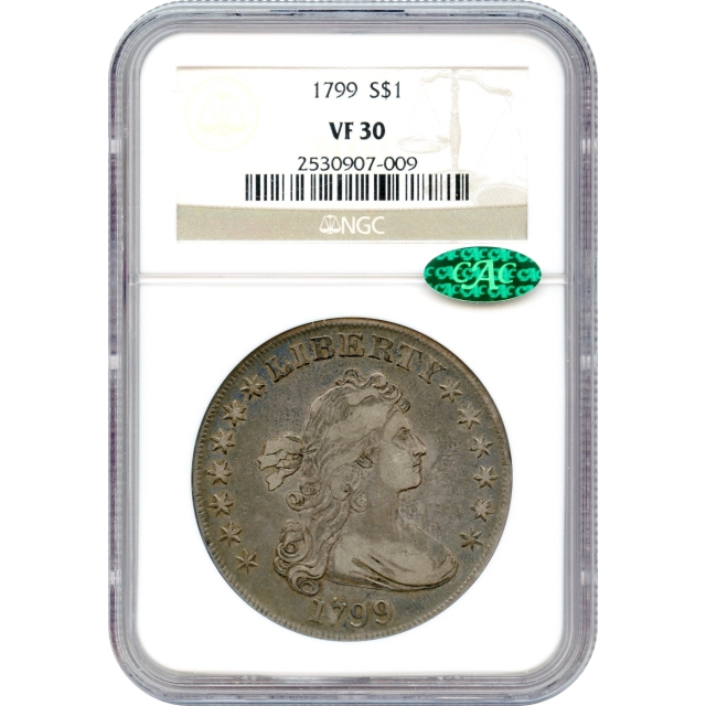 1799 $1 Draped Bust Silver Dollar, Large Eagle NGC VF30 (CAC)