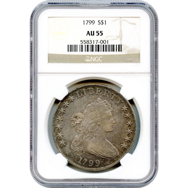 1799 $1 Draped Bust Silver Dollar, Large Eagle NGC AU55