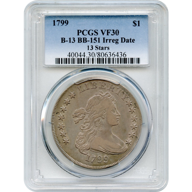 1799 $1 Draped Bust Silver Dollar, Irregular Date-13 Stars BB-151 PCGS VF30