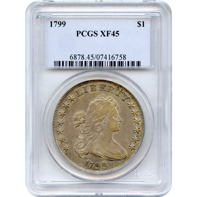 1799 $1 Draped Bust Silver Dollar, BB-166 7x6 Obverse Stars PCGS XF45 - “Apostrophe” variety