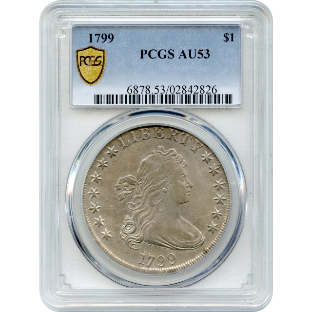 1799 $1 Draped Bust Silver Dollar, BB-166 7x6 Obverse Stars PCGS AU53 - “Apostrophe” variety