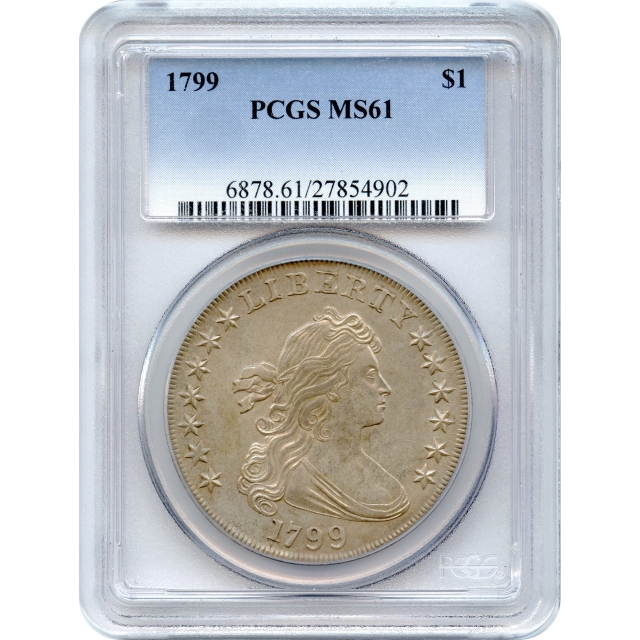 1799 $1 Draped Bust Silver Dollar, BB-166 7x6 Obverse Stars PCGS MS61 - “Apostrophe” variety