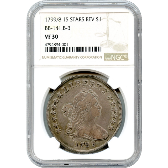1799/8 $1 Draped Bust Silver Dollar, 15 Reverse Stars BB-141 NGC VF30
