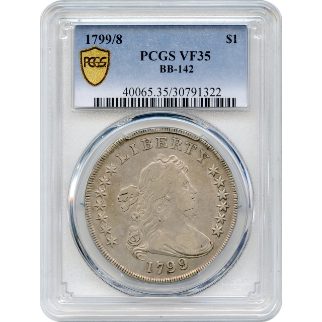 1799/8 $1 Draped Bust Silver Dollar, 13 Reverse Stars BB-142 PCGS VF35