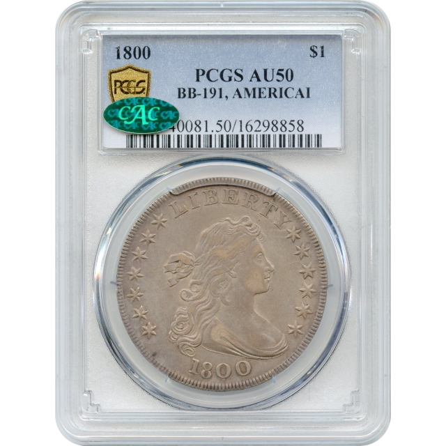 1800 $1 Draped Bust Silver Dollar, Wide Dt, Low 8, AMERICAI BB-191 PCGS AU50 (CAC)
