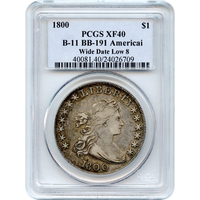 1800 $1 Draped Bust Silver Dollar, Wide Date, Low 8, AMERICAI BB-191 PCGS XF40