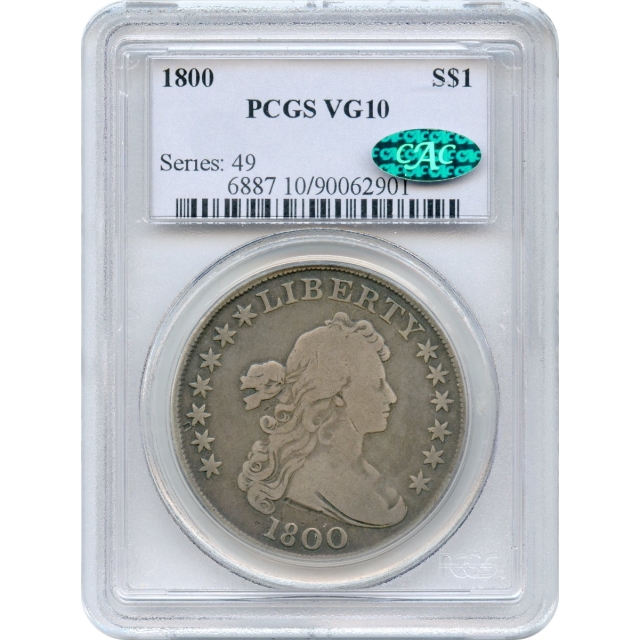 1800 $1 Draped Bust Dollar, Large Eagle PCGS VG10 (CAC)