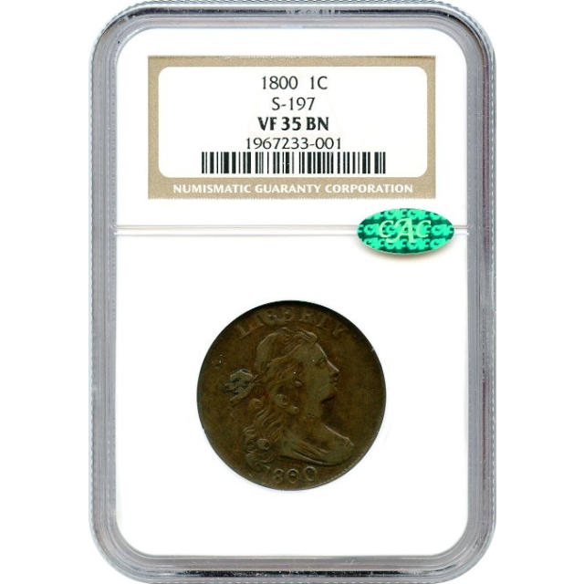 1800 1C Draped Bust Large Cent, S-197 VF35BN (CAC)
