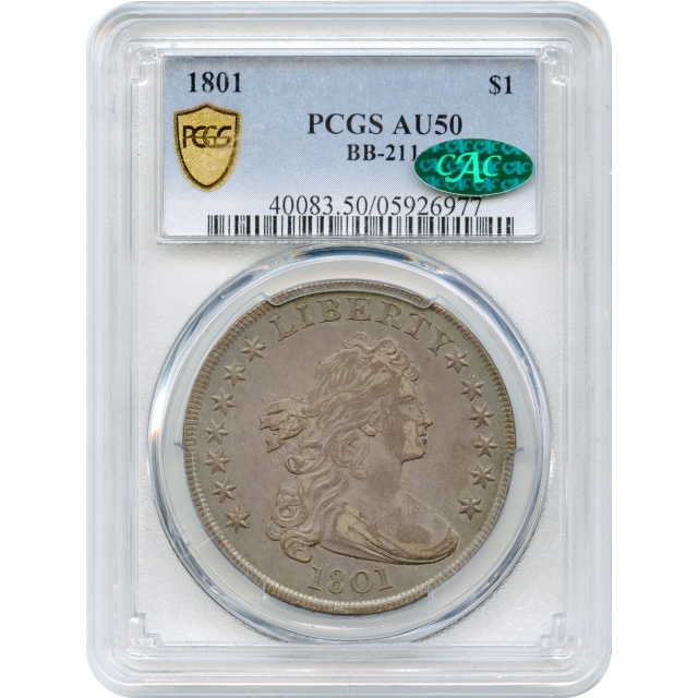 1801 $1 Draped Bust Silver Dollar, BB-211 PCGS AU50 (CAC)