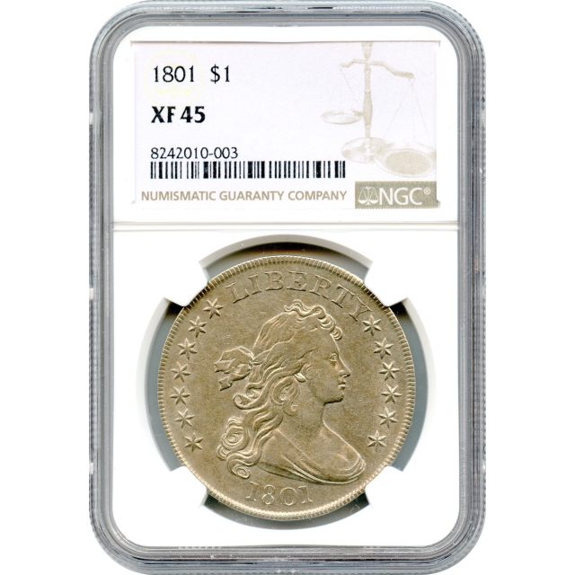 1801 $1 Draped Bust Silver Dollar, BB-213 NGC XF45