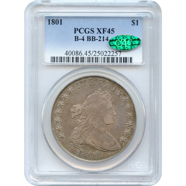 1801 $1 Draped Bust Silver Dollar, BB-214 PCGS XF45 (CAC)