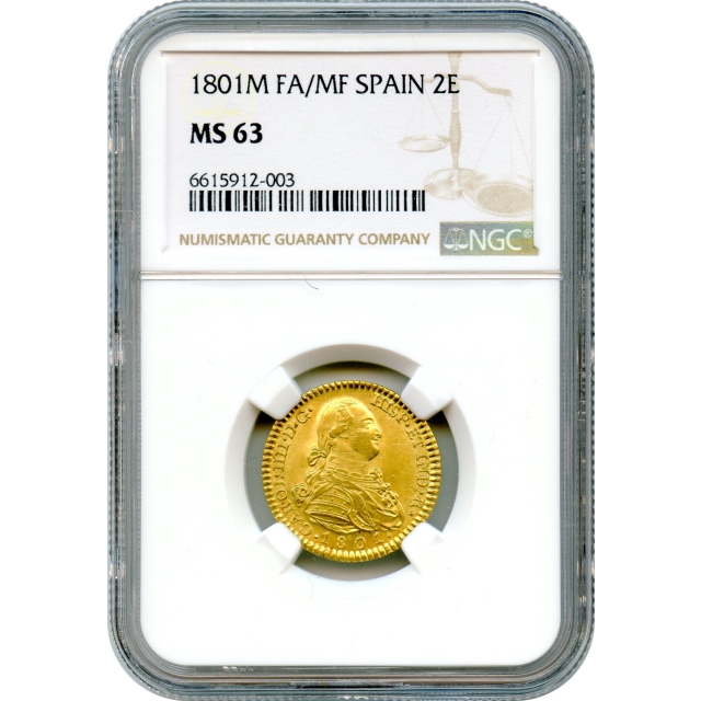 World Gold - 1801M 2 Escudos Spain, FA/MF NGC MS63