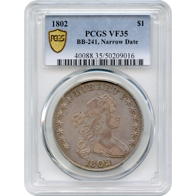 1802 $1 Draped Bust Silver Dollar, BB-241 Narrow Date PCGS VF35