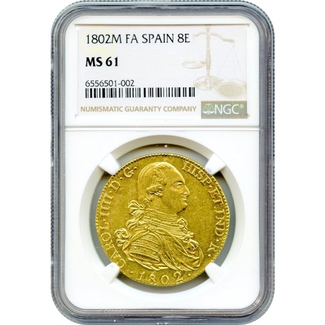 World Gold - 1802M 8 Escudos Spain, FA Madrid Mint NGC MS61